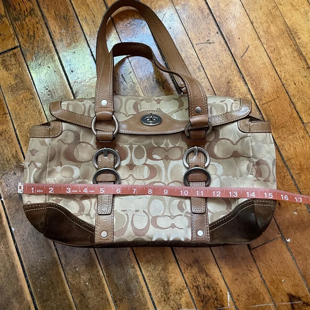 COACH Chelsea Optic Signature Suede Turnlock Tote Satchel - Picture 3 of 7